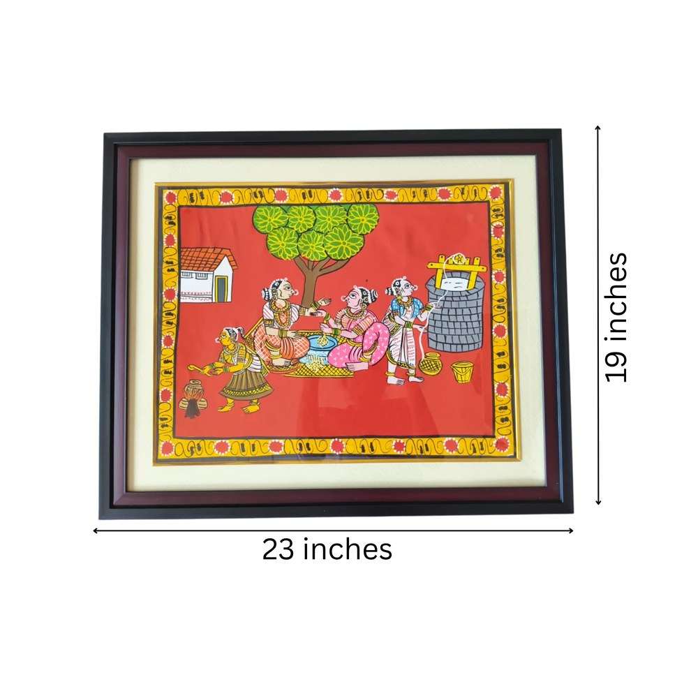 Hand-Painted Village Life Cheriyal Painting - Telangana Folk Art Wall Decor   Cheriyala Painting