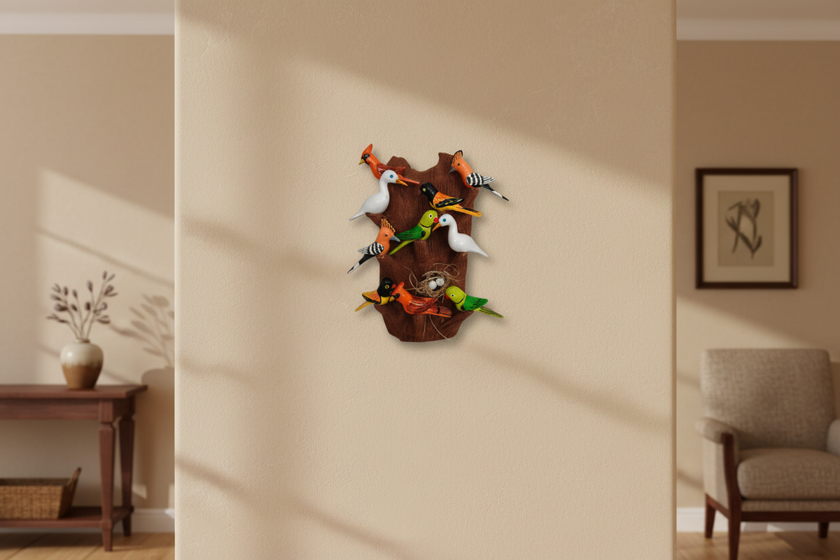 Handcrafted Telangana Nirmal wooden tree with birds décor