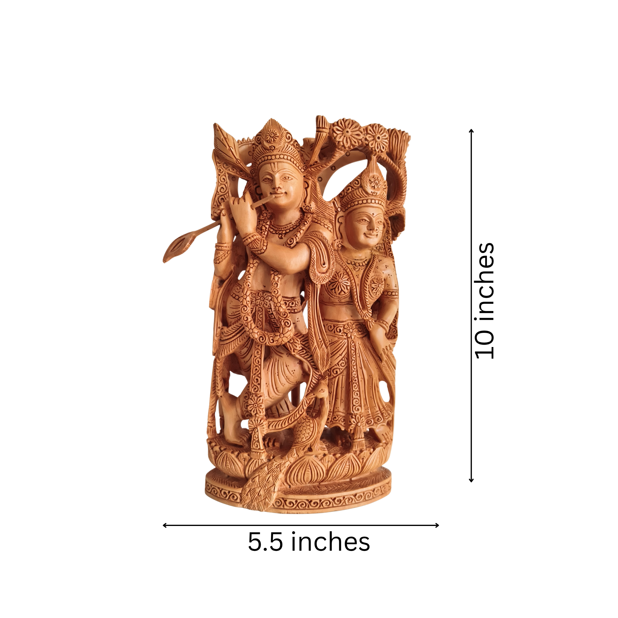 Hand-Carved Wooden Radha Krishna Sculpture with Flute and Peacock Detail