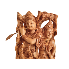 Hand-Carved Wooden Radha Krishna Sculpture with Flute and Peacock Detail