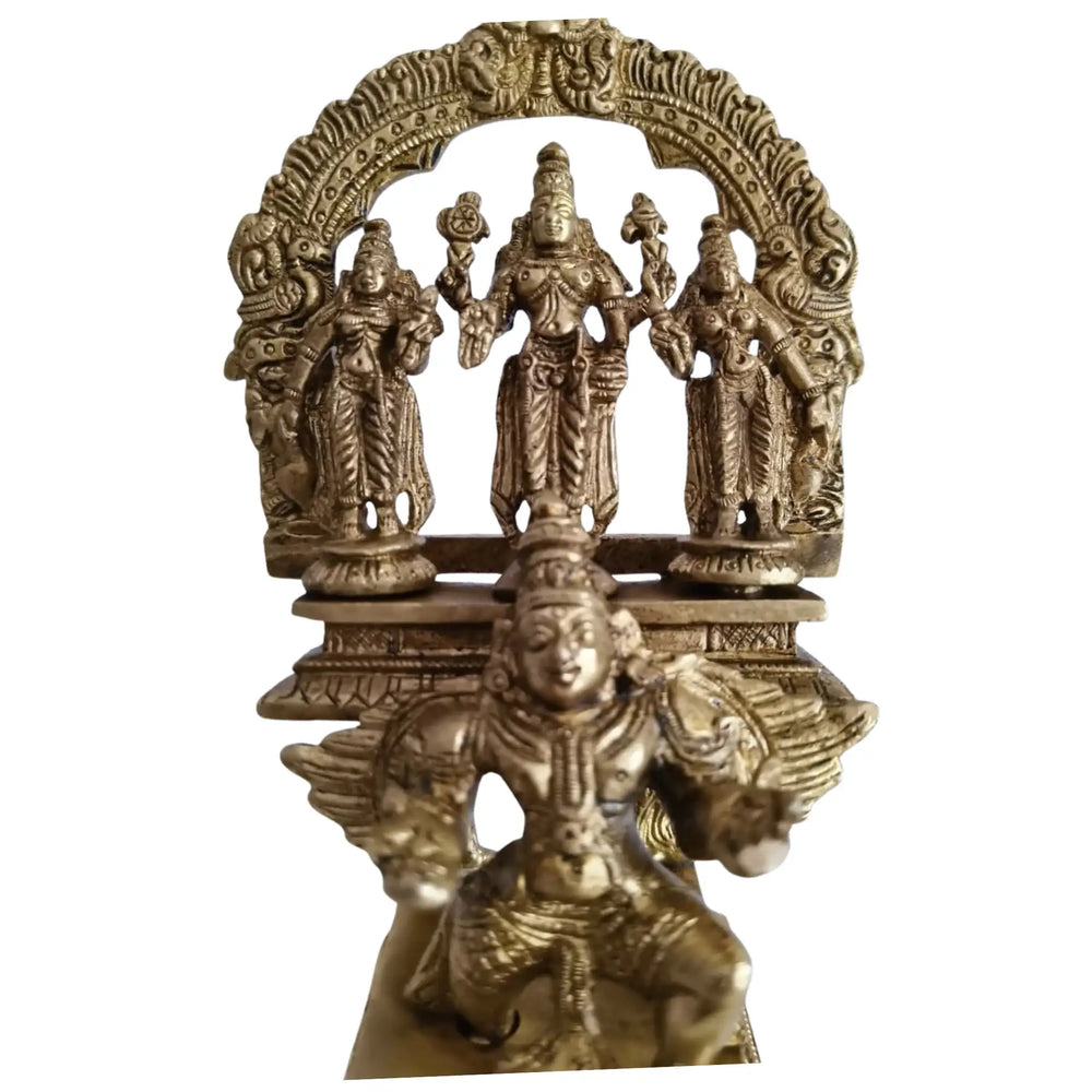 Brass Garuda Vishnu with Sridevi & Bhudevi Idol – Traditional Hindu Temple Sculpture   Brass Ware