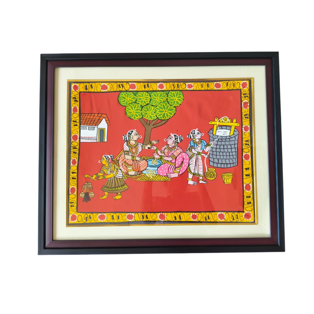 Hand-Painted Village Life Cheriyal Painting - Telangana Folk Art Wall Decor   Cheriyala Painting