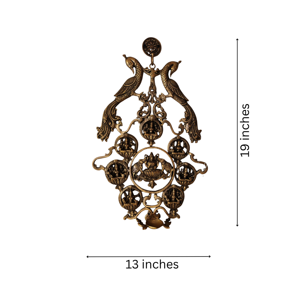 Grand Brass Ashta Lakshmi Wall Hanging with Peacocks - Divine Prosperity Decor   Brass Ware