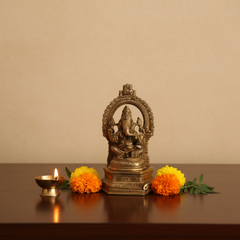Handcrafted Brass Ganesha Idol with Prabhavali – Traditional Lord Ganesha Altar Statue   Brass Artwork