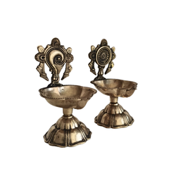 Pair of Ornate Brass Standing Diyas - Traditional Oil Lamps with Auspicious Symbols