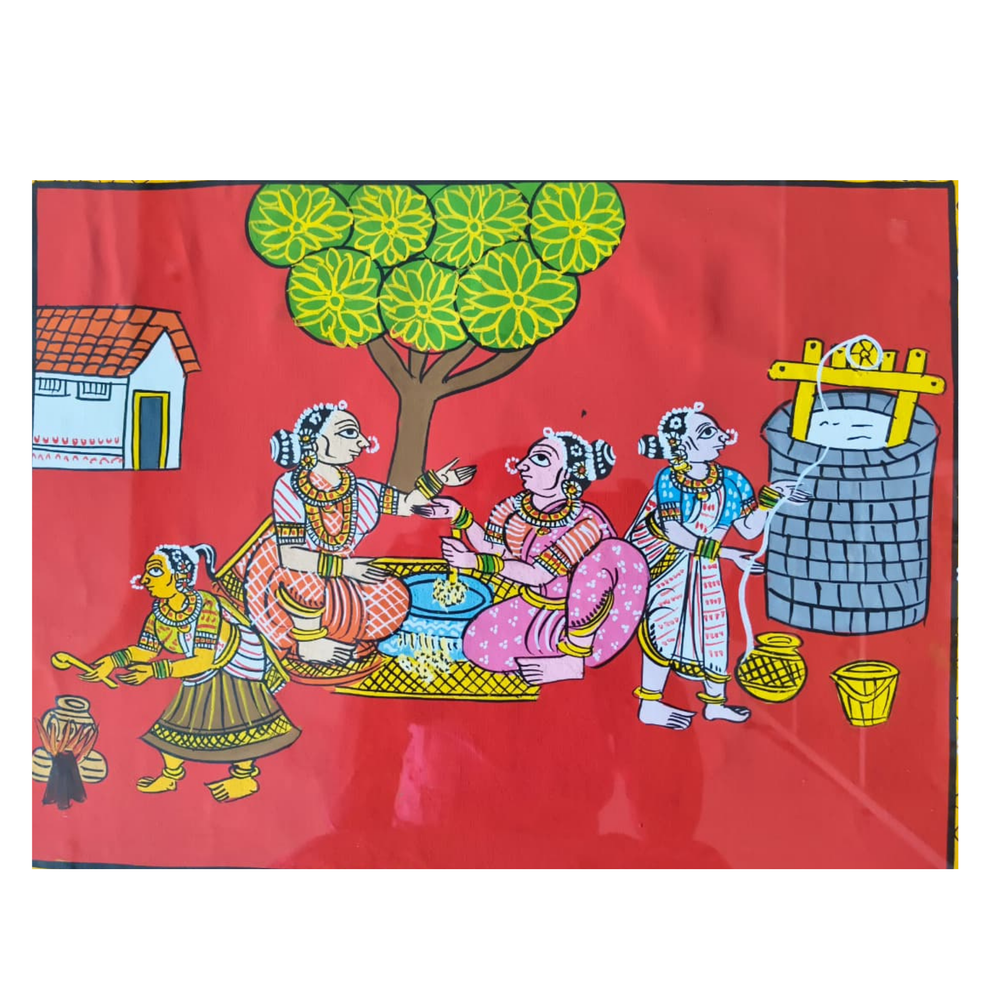 Hand-Painted Village Life Cheriyal Painting - Telangana Folk Art Wall Decor   Cheriyala Painting