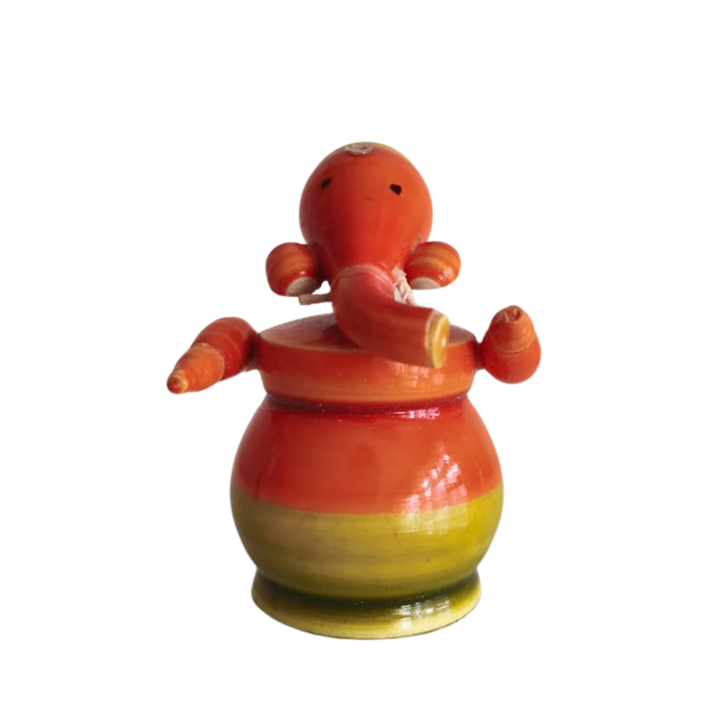 Warm-Toned Etikoppaka Lord Ganesha - Glossy Orange and Red Lacquer Figurine   Etikoppaka Lacquerware