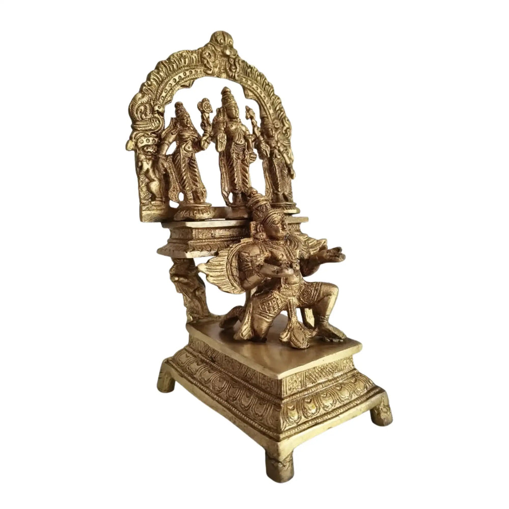 Brass Garuda Vishnu with Sridevi & Bhudevi Idol – Traditional Hindu Temple Sculpture   Brass Ware