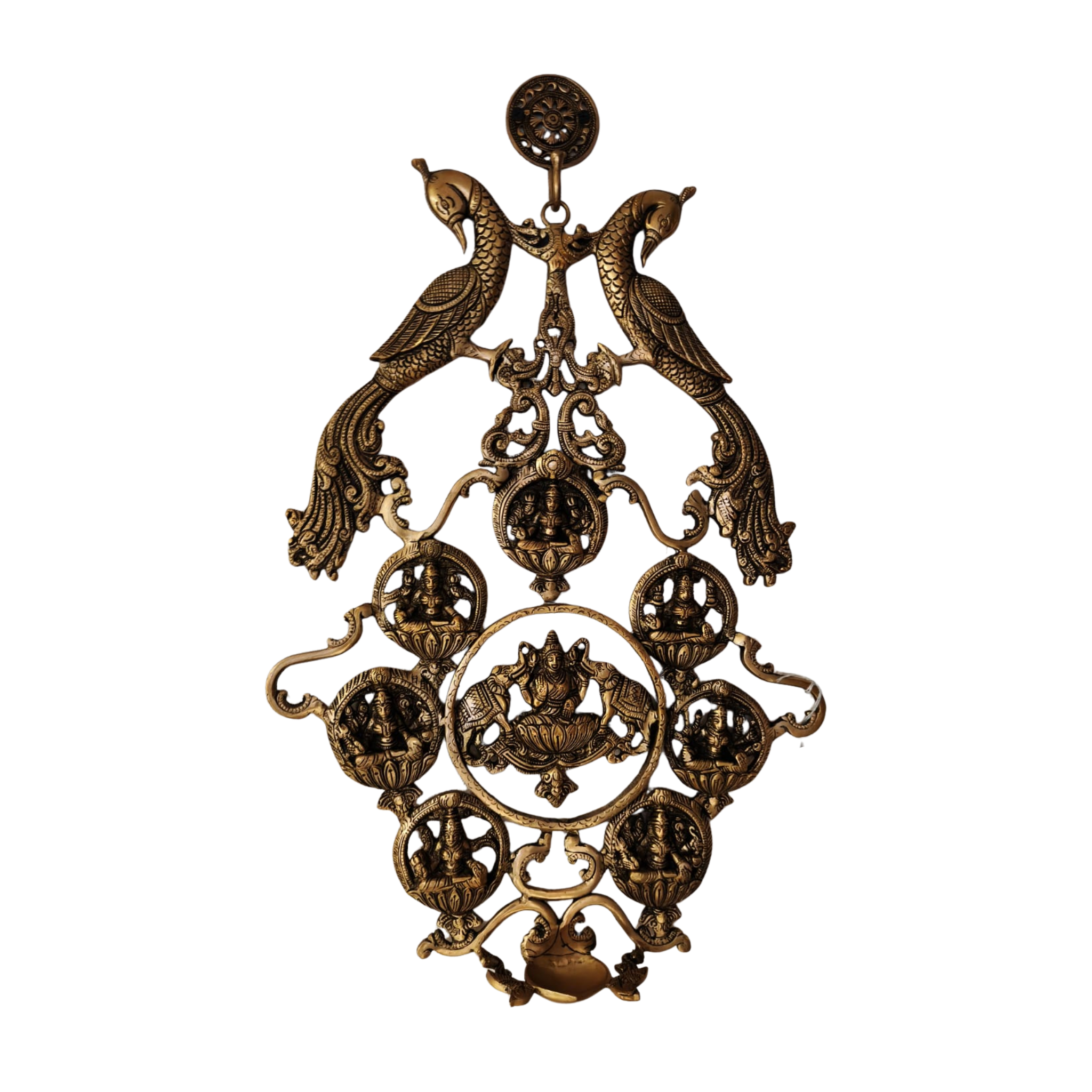 Grand Brass Ashta Lakshmi Wall Hanging with Peacocks - Divine Prosperity Decor   Brass Ware
