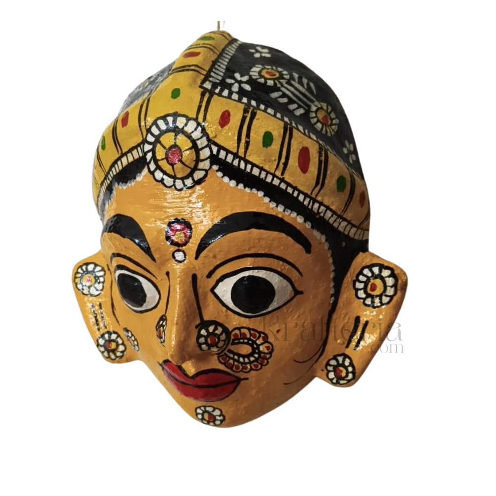 Hand-Painted Cheriyal Art Female Face Mask – Traditional Folk Wall Decor   wall decor