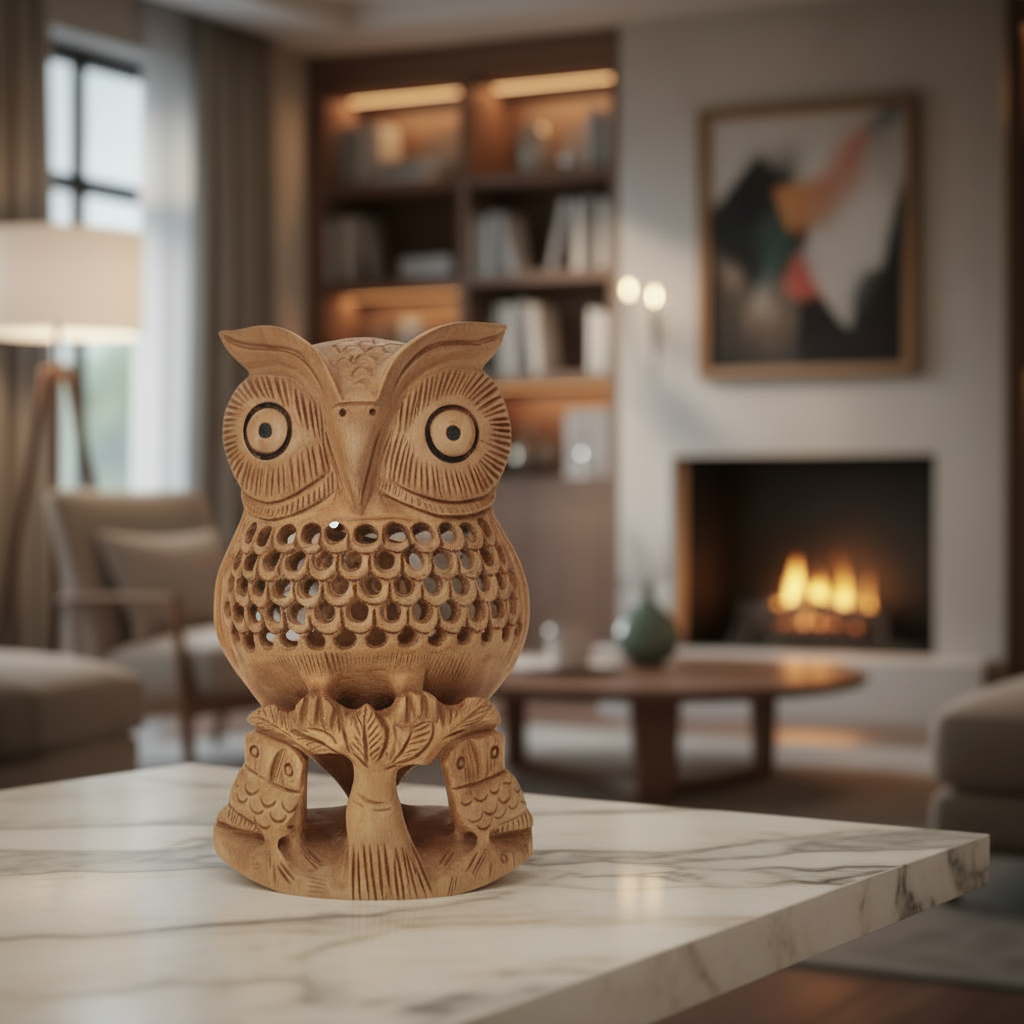 Handmade Wooden Jali Owl – Intricate Carved Decor Piece