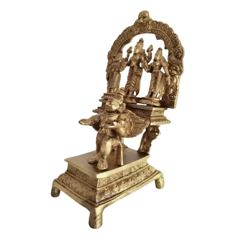 Brass Garuda Vishnu with Sridevi & Bhudevi Idol – Traditional Hindu Temple Sculpture   Brass Ware