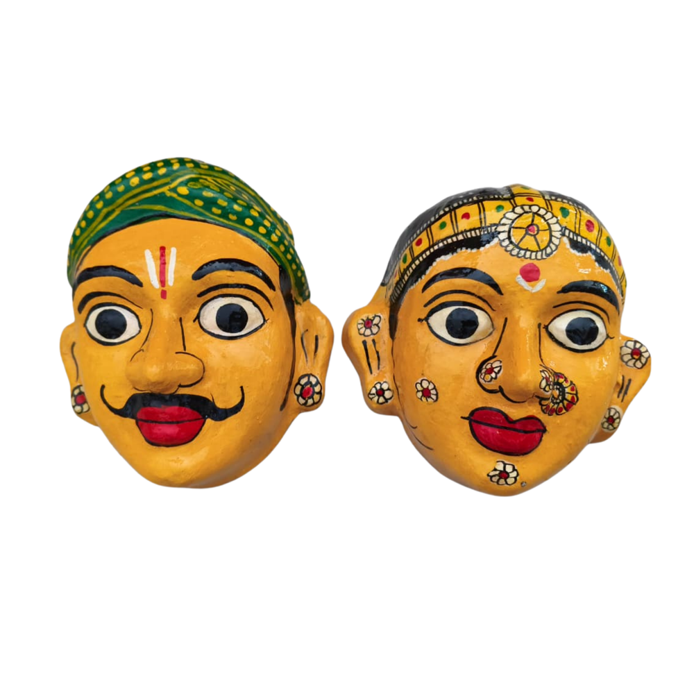 Village Man & Woman Wall Hanging Pair | Cheriyal Folk Art Couple Masks   wall decor