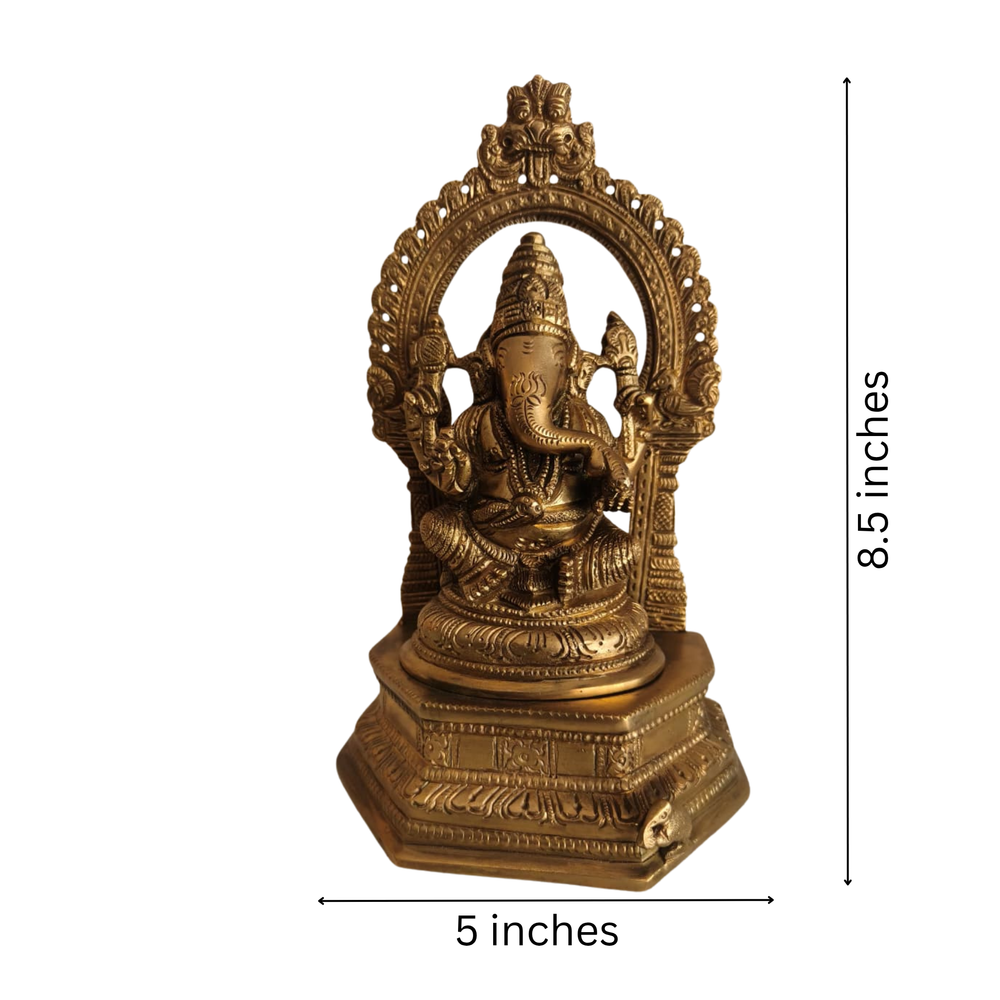 Handcrafted Brass Ganesha Idol with Prabhavali – Traditional Lord Ganesha Altar Statue   Brass Artwork
