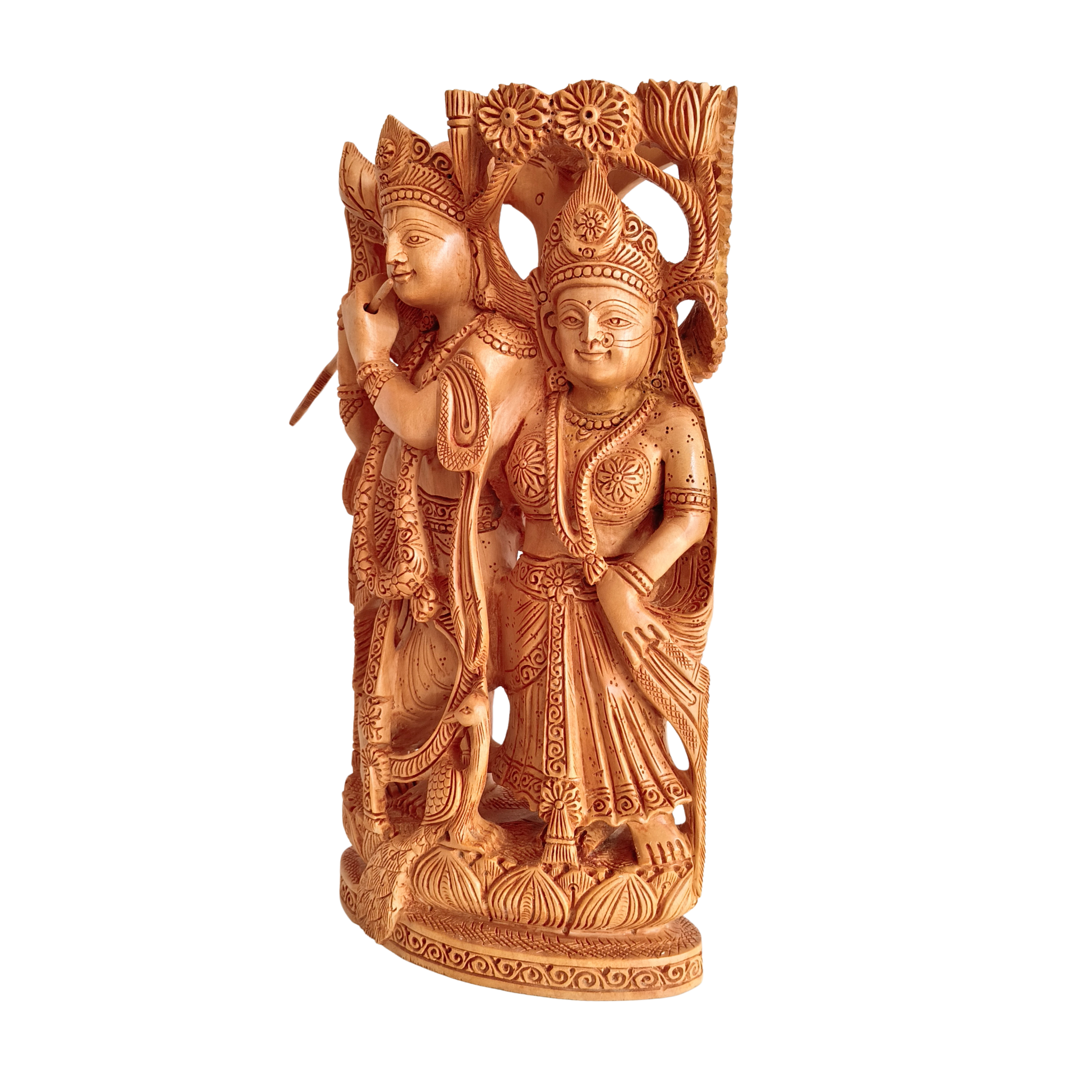 Hand-Carved Wooden Radha Krishna Sculpture with Flute and Peacock Detail