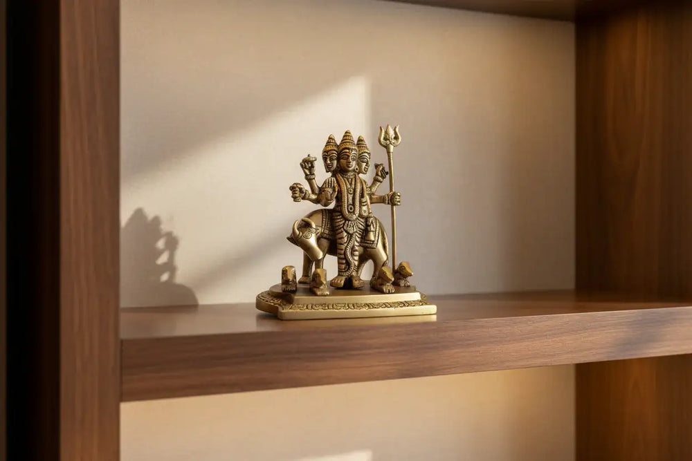 Brass Idol of Dattatreya with Three Heads and Four Dogs   Brass Ware