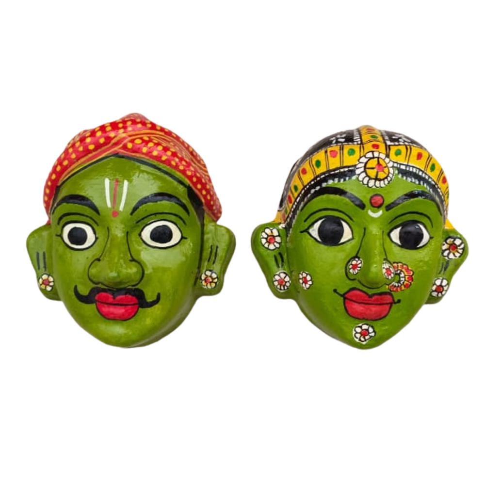Village Man & Woman Wall Hanging Pair | Cheriyal Folk Art Couple Masks   wall decor