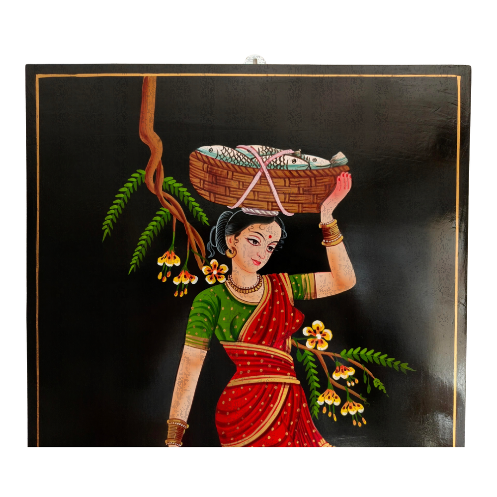 Village fisherwoman carrying basket Nirmal art