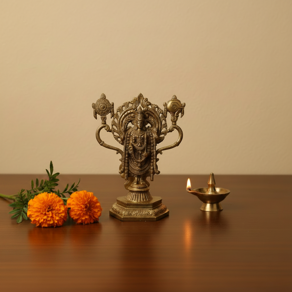 Handcrafted Brass Lord Venkateswara Idol | Traditional Balaji Statue with Shankh & Chakra   Brass Artwork
