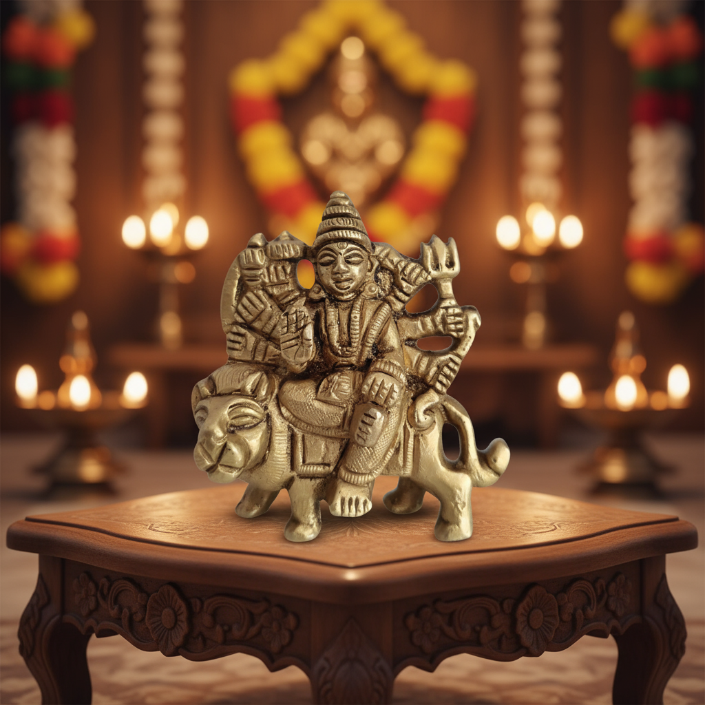 Brass Idol of Goddess Durga Riding Her Lion Vahana