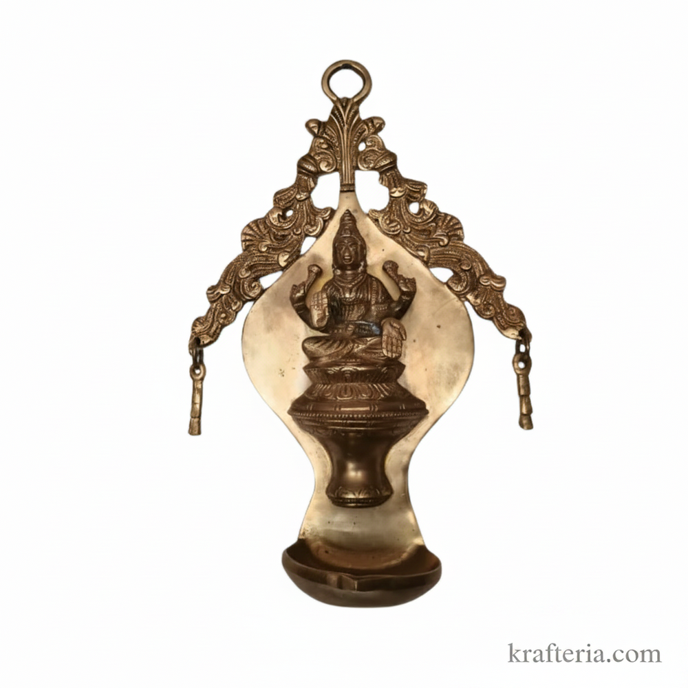 Brass Goddess Lakshmi Wall Hanging Diya | Traditional Oil Lamp with Ornate Arch   Brass Artwork