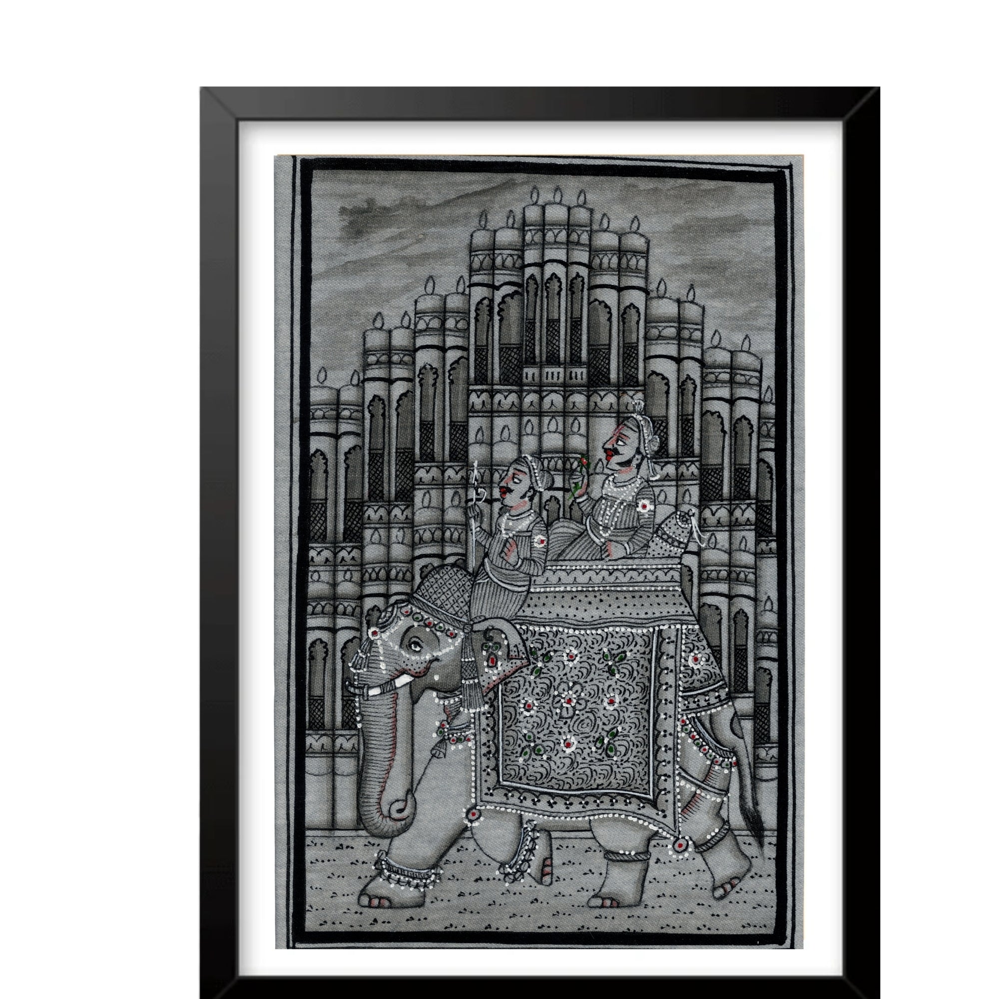 Royal Procession on an Elephant - Indian Miniature Painting in Black and White