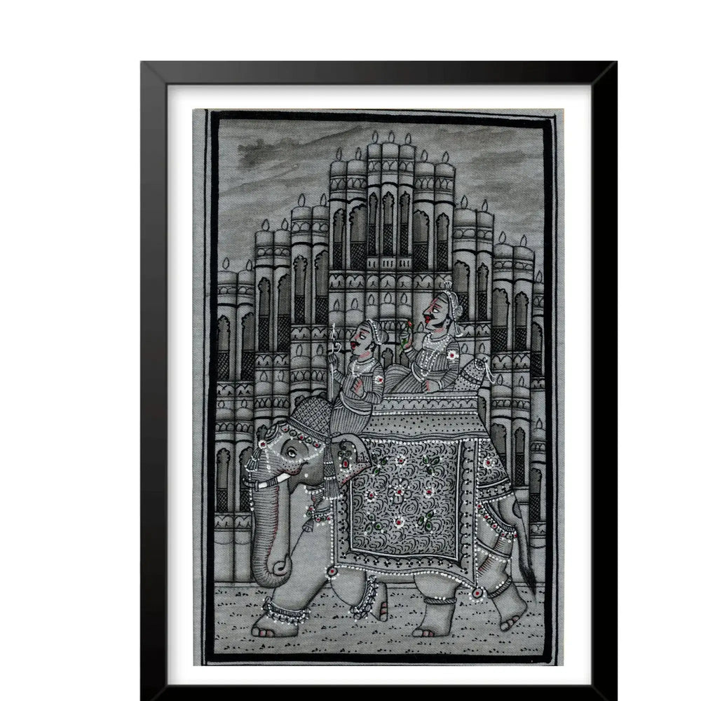 Royal Procession on an Elephant - Indian Miniature Painting in Black and White   Paintings