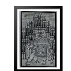 Royal Procession on an Elephant - Indian Miniature Painting in Black and White