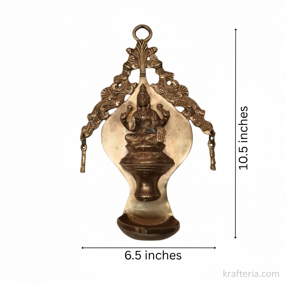 Brass Goddess Lakshmi Wall Hanging Diya | Traditional Oil Lamp with Ornate Arch   Brass Artwork