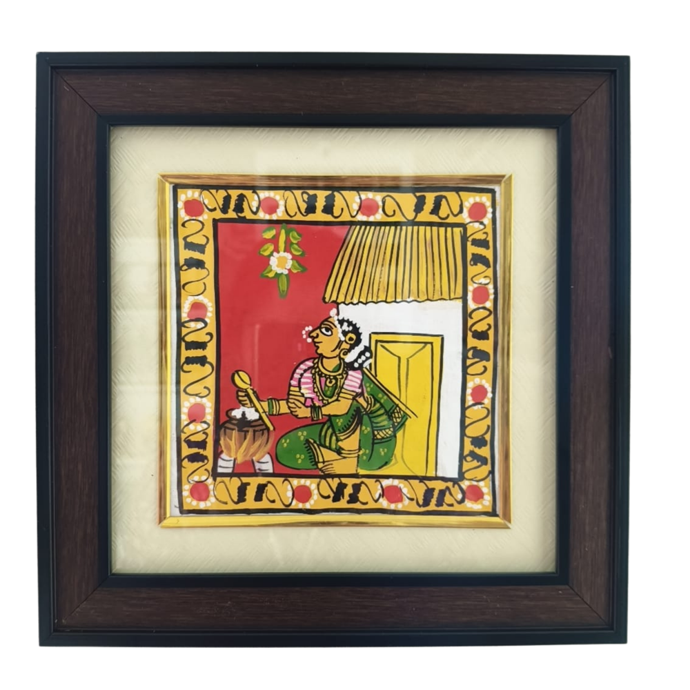 Traditional Village Woman Cooking (Kitchen Scene) - Cheriyal Folk Art Painting   Cheriyala Painting