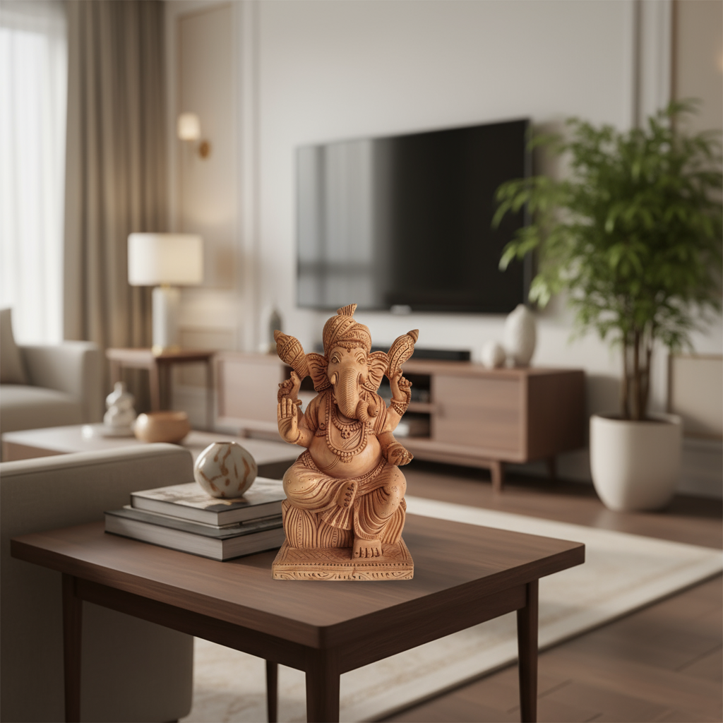 Hand-carved wooden statue of Lord Ganesha, seated with intricate details and traditional attire, against a light background.