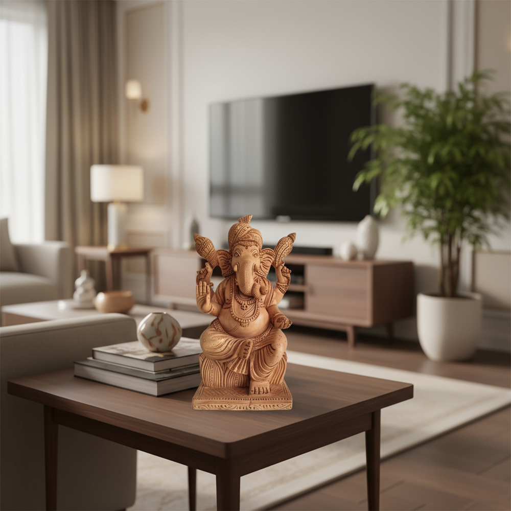 Hand-carved wooden statue of Lord Ganesha, seated with intricate details and traditional attire, against a light background.