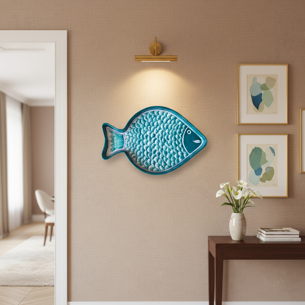 Hand-Painted Teal Blue Pottery Fish Wall Decor | Coastal Quartz Art