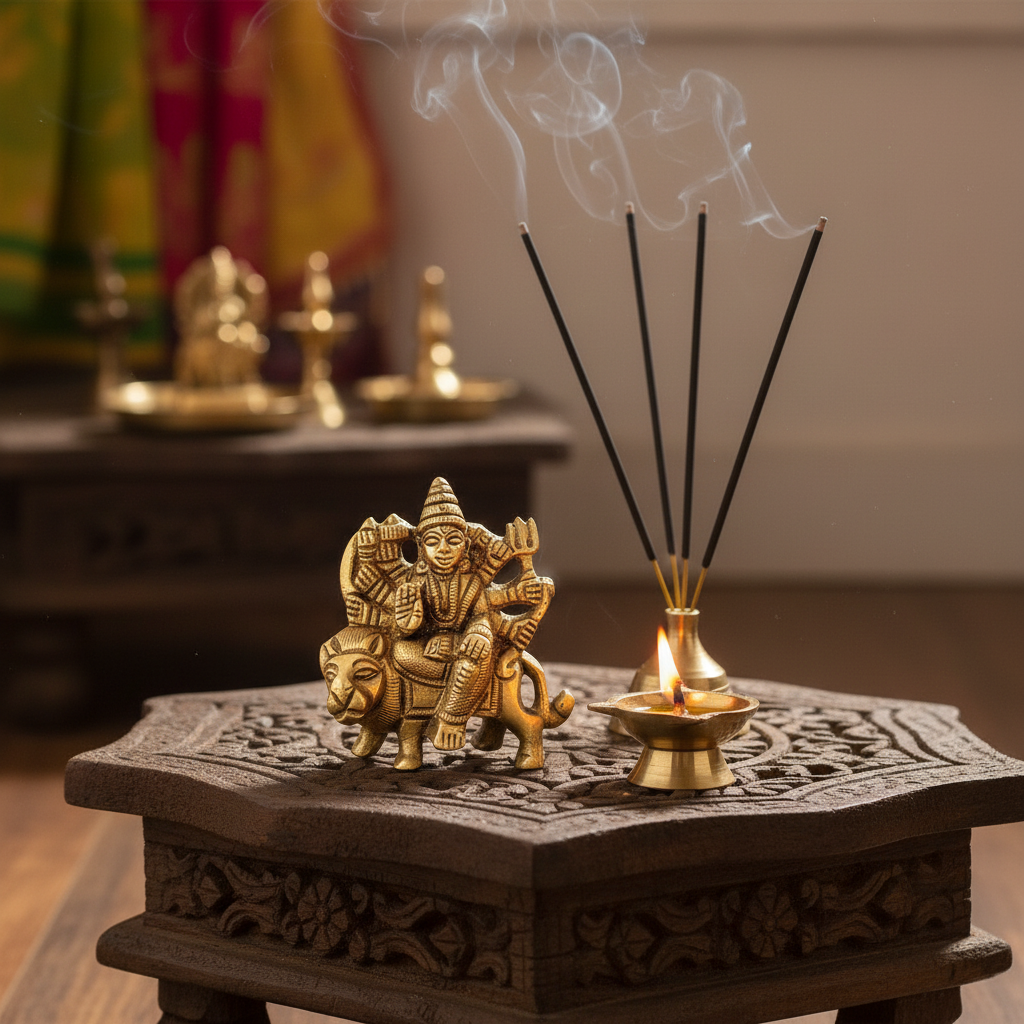 Brass Idol of Goddess Durga Riding Her Lion Vahana