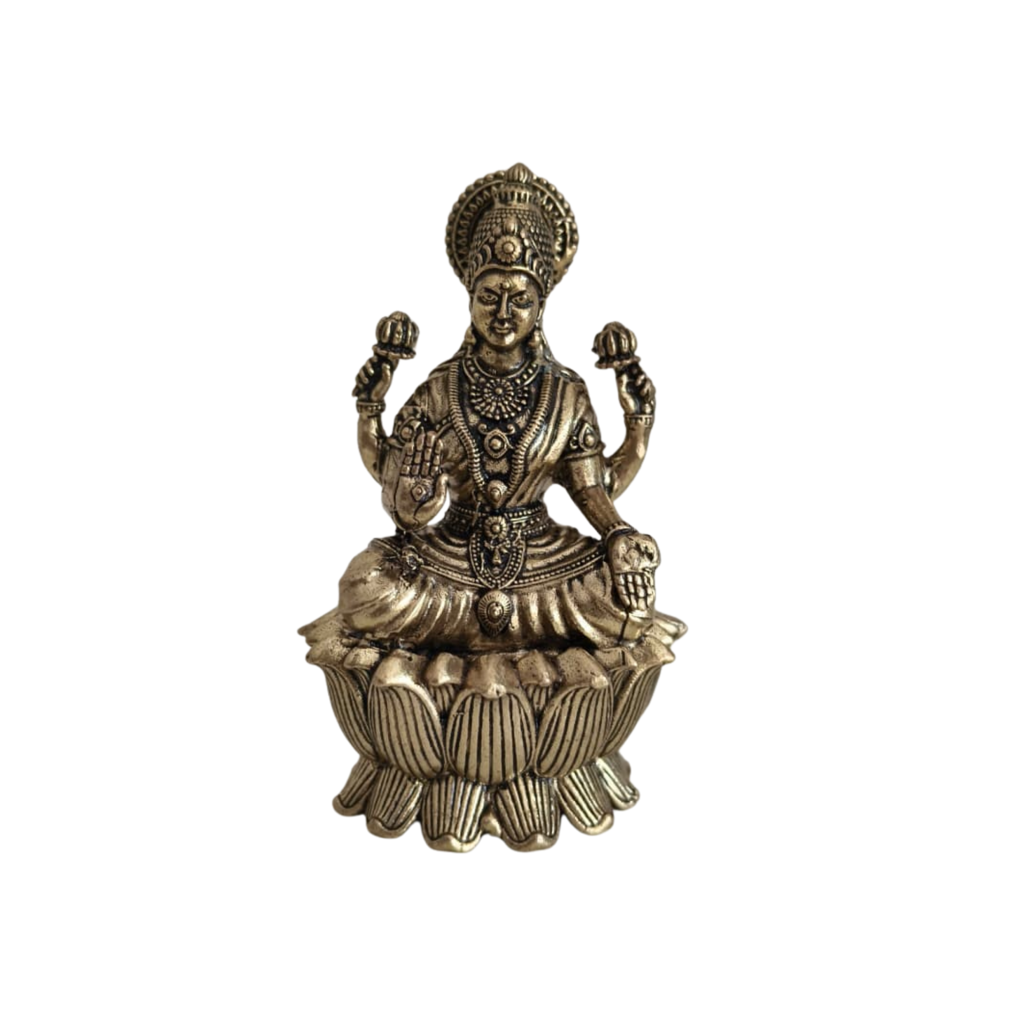Brass Goddess Lakshmi Idol Seated on Lotus