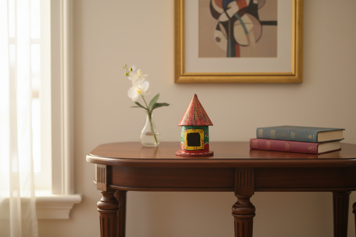 Hand-painted Kondapalli wooden village hut toy in vibrant traditional Indian colors.