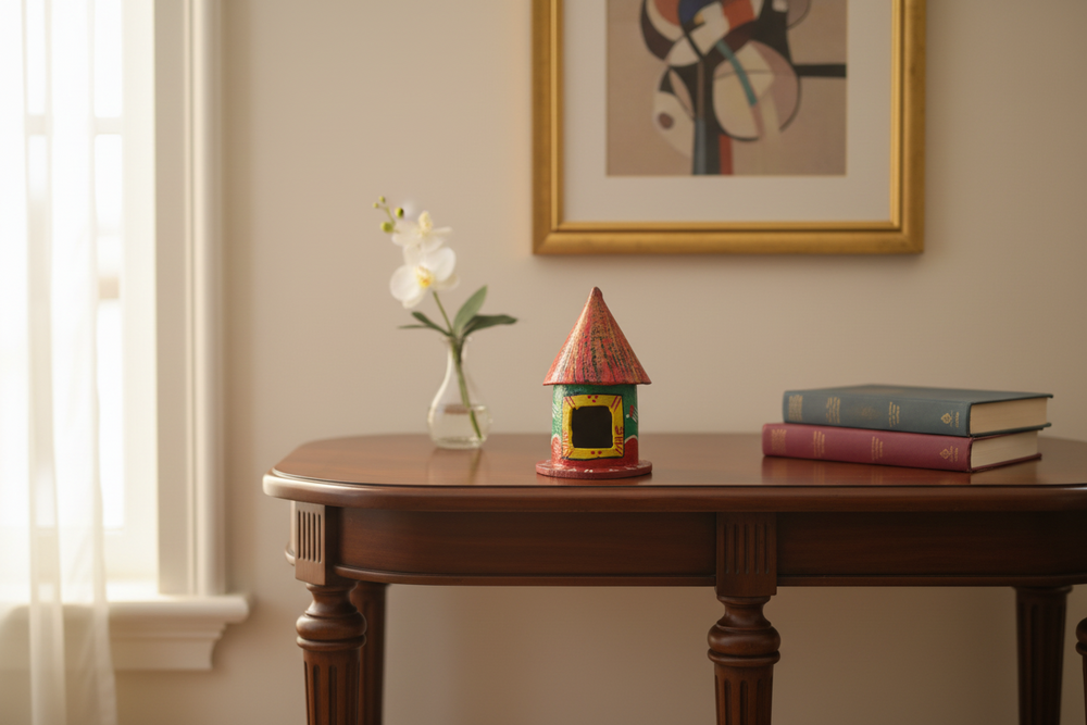 Hand-painted Kondapalli wooden village hut toy in vibrant traditional Indian colors.