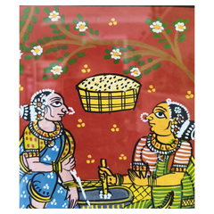 Traditional Grinding Stone Village Artwork - Framed Cheriyal Painting   Cheriyala Painting