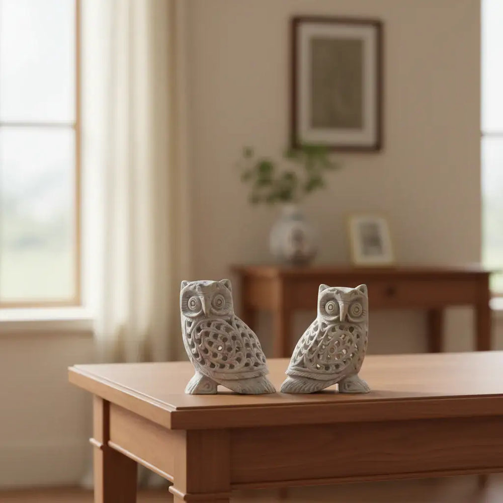 Handcrafted Pair of Owls – Intricate Jali Art Decorative Figurines   Jali Art