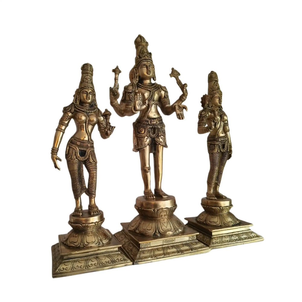Brass Vishnu Lakshmi Bhudevi Statue Set – Antique Finish Hindu Deity Trio Idol   Brass Ware