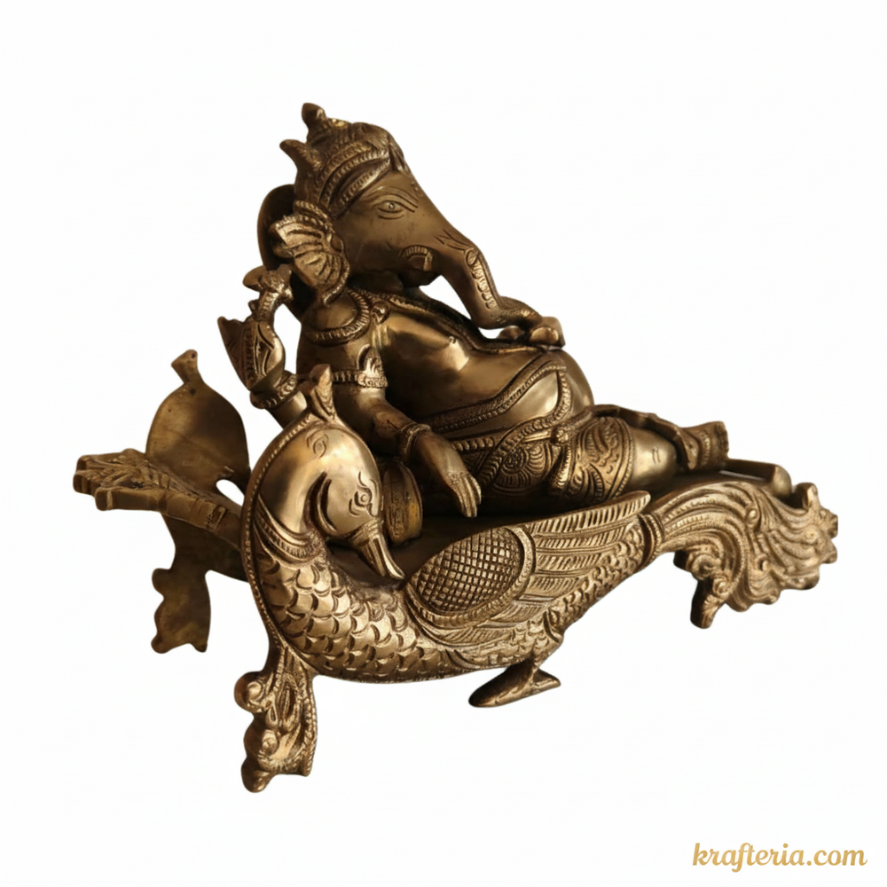 Brass Reclining Ganesha Statue – Traditional Relaxed Ganesha on Peacock Couch Idol   Brass Artwork