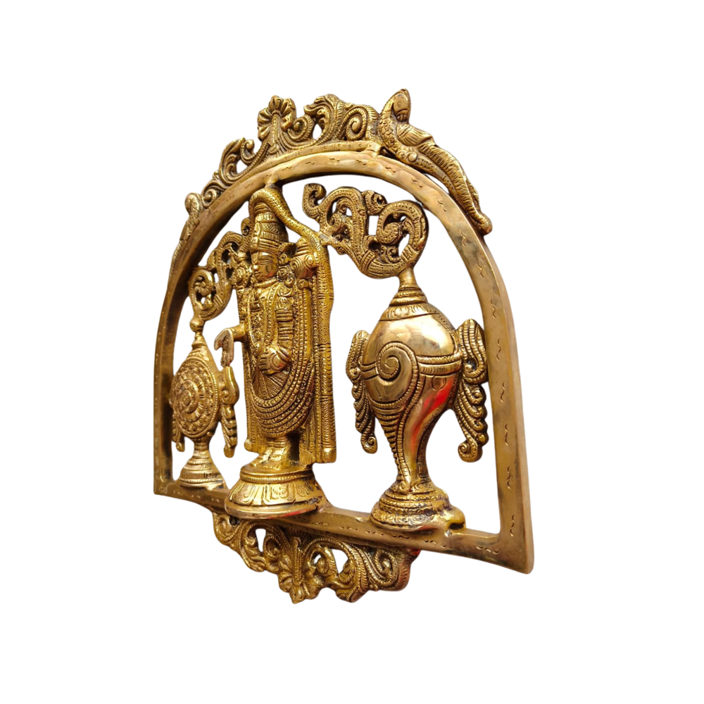 Lord Venkateswara Brass Wall Hanging with Shankh & Chakra - Balaji Prabhavali Wall Art   Brass Artwork