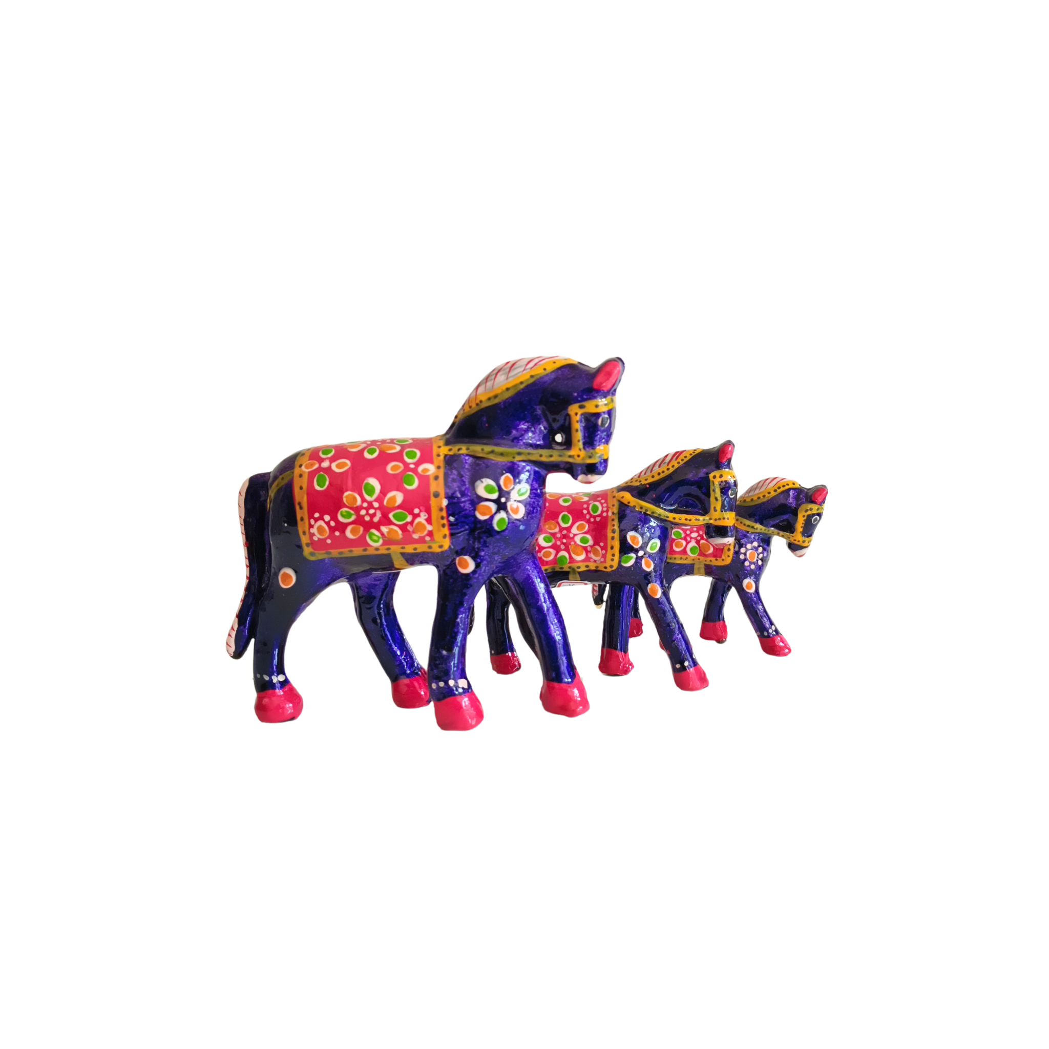 Set of 3 Hand-Painted Wooden Horses - Royal Blue & Pink Indian Folk Art Decor