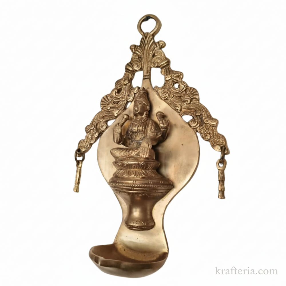 Brass Goddess Lakshmi Wall Hanging Diya | Traditional Oil Lamp with Ornate Arch   Brass Artwork