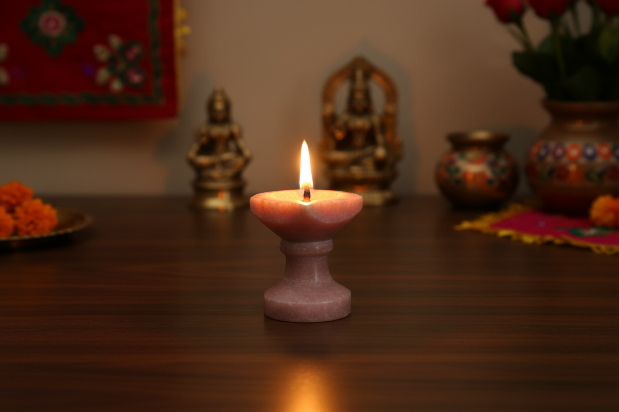 Handcrafted Pink Marble Diya with Stand   Marble Soft Stone