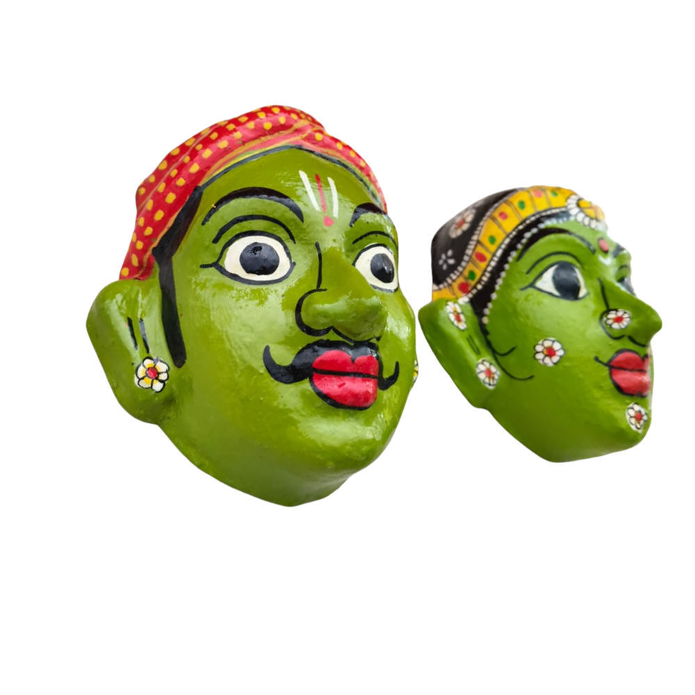 Village Man & Woman Wall Hanging Pair | Cheriyal Folk Art Couple Masks   wall decor