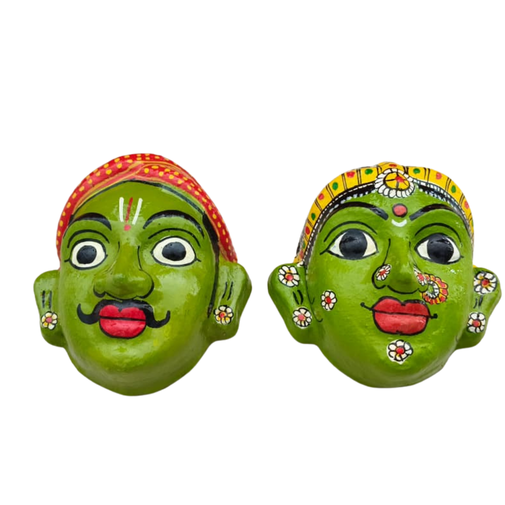 Village Man & Woman Wall Hanging Pair | Cheriyal Folk Art Couple Masks   wall decor