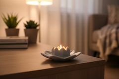 Handcrafted marble lotus flower candle stand with intricate petal carving.