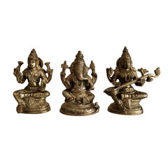 Lakshmi Ganesha Saraswati Statue Set - Brass Murti Trio   Brass God Idol Set