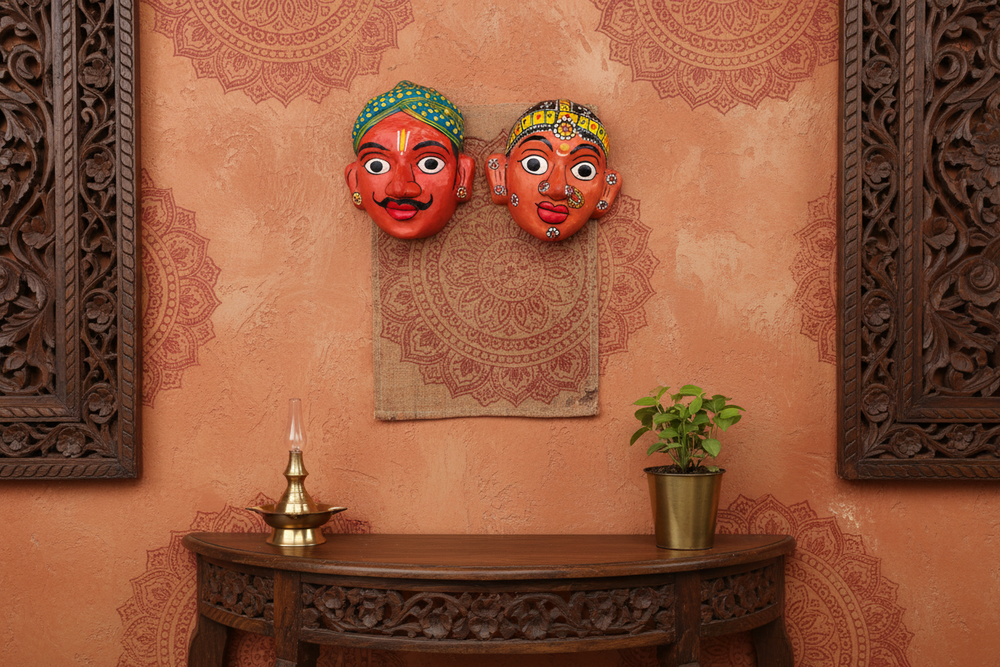 Village Man & Woman Wall Hanging Pair | Cheriyal Folk Art Couple Masks   wall decor